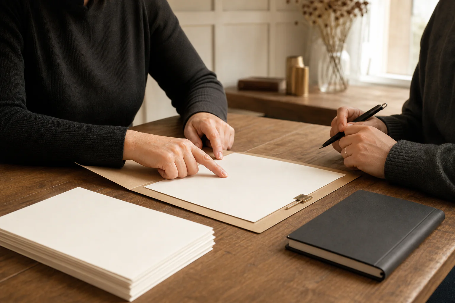 Des mains complètent des formulaires de financement vierges sur un bureau.