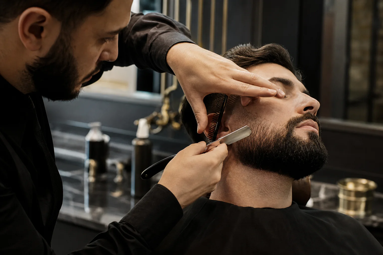 Préparation professionnelle d’une prestation de taille de barbe.